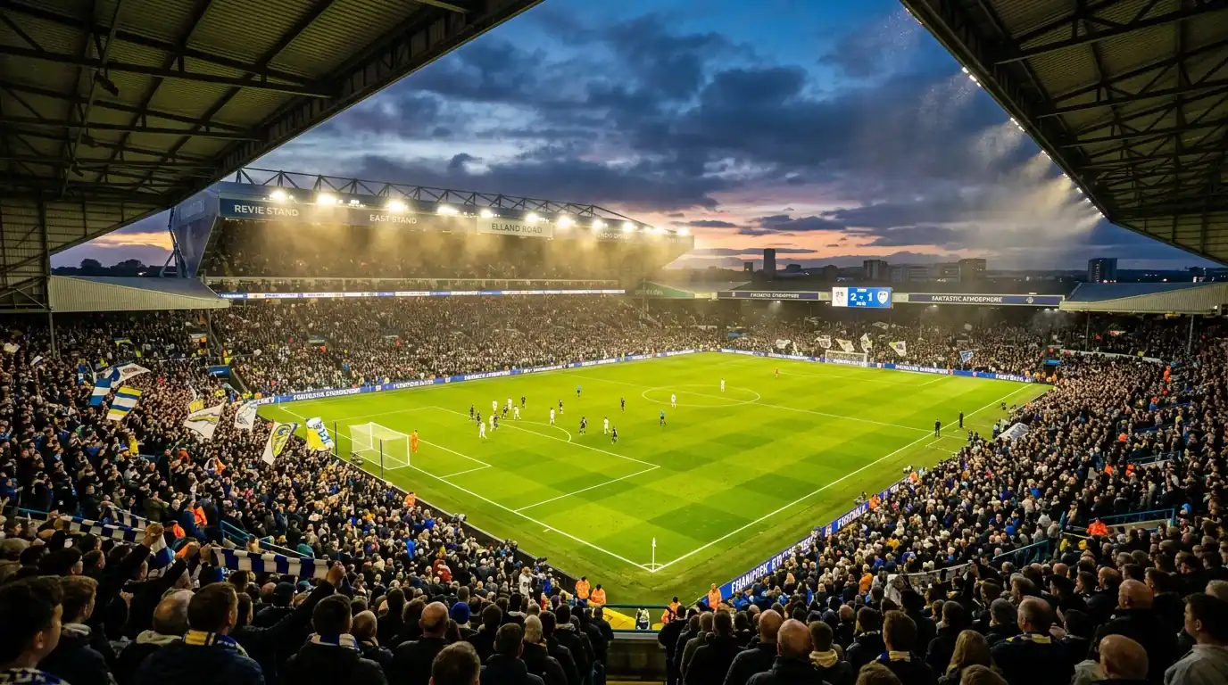 Estadio de la EFL Championship durante un partido nocturno con las gradas llenas